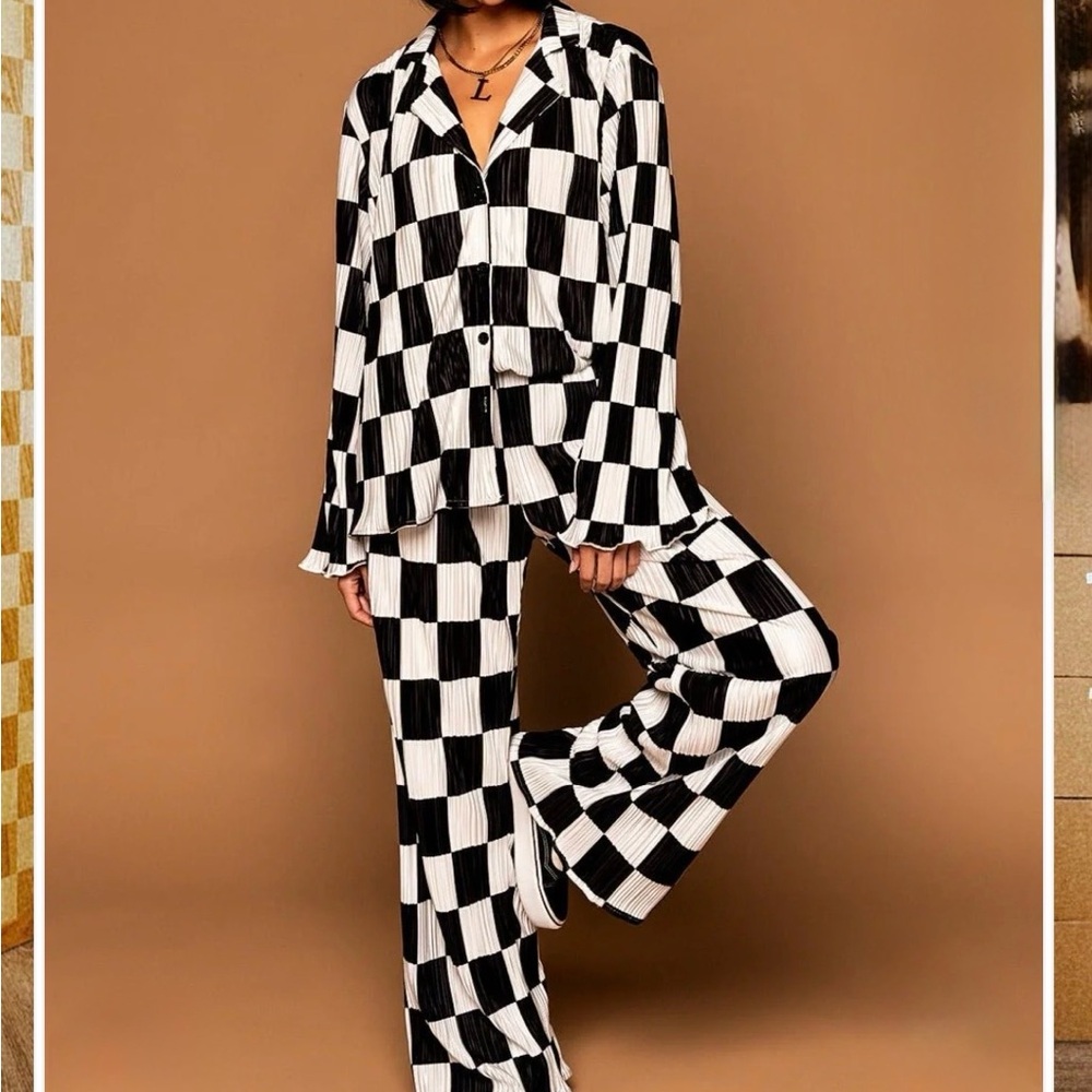 Dressed in LALA Black and White Checker Wide-Leg Pantsuit
